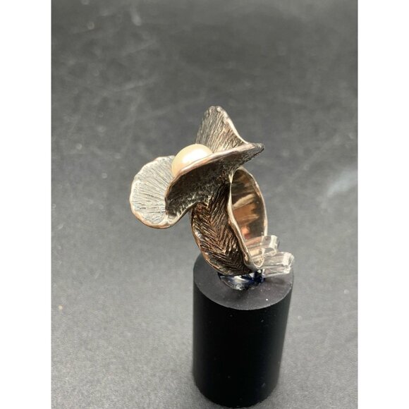 Flower And Pearl Ring Size 7 Sterling Silver High Raised Design Carved Band - Picture 5 of 8